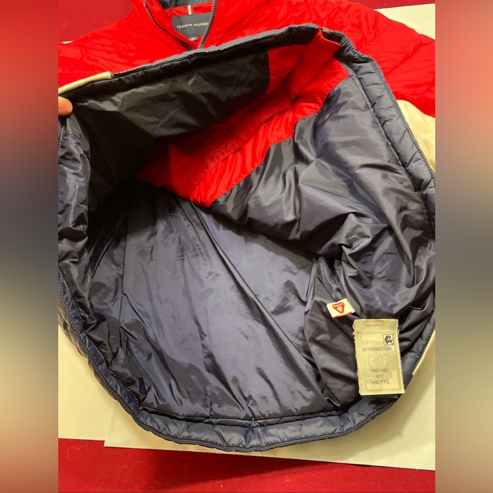 90s TOMMY HILFIGER JACKET Primaloft Red Blue WHITE Quilted Hooded Puffer coat 2X - Picture 10 of 16